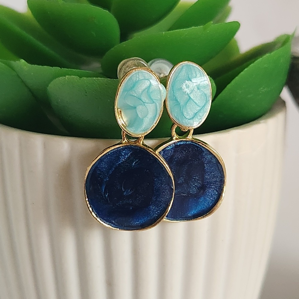 Navy Blue Turquoise Marbled‎ Enamel Gold Tone Two Tier Drop Dangle Earrings - Picture 4 of 4